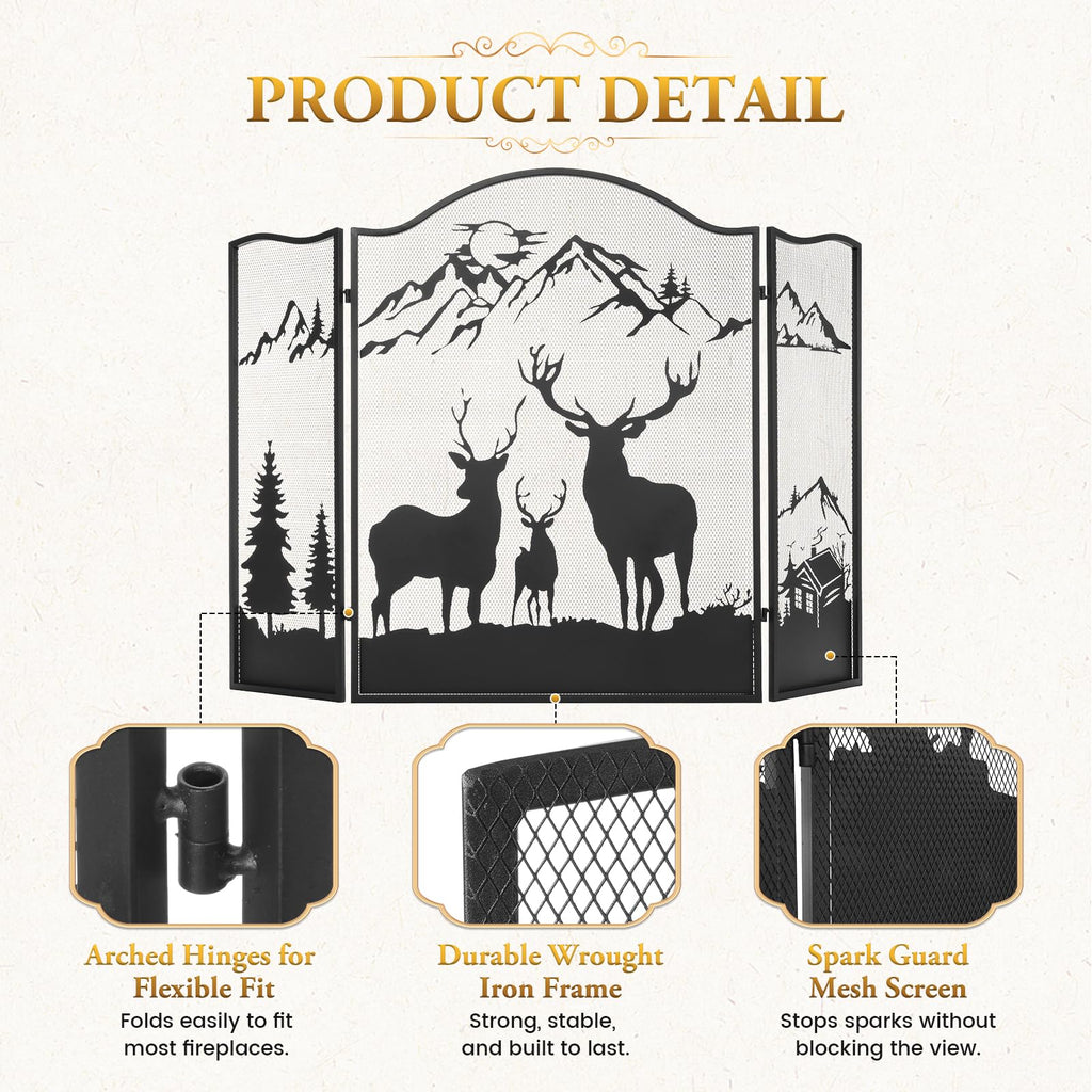 3-Panel Fireplace Screen, Deer Pattern Fire Guard, Rustic, 50" x 36"