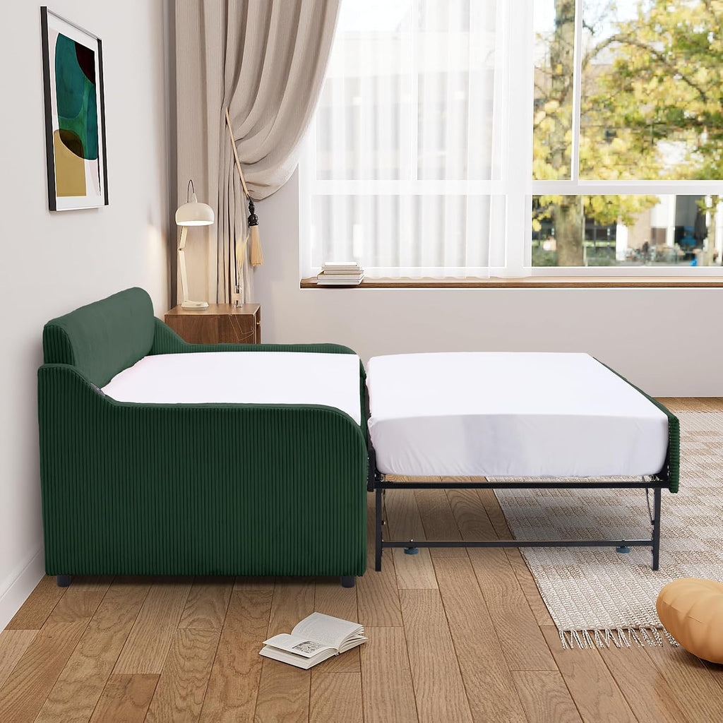 Twin-to-King Daybed with Pop-Up Trundle, USB Port, Corduroy, Green | Twin-to-king daybed with pop-up trundle