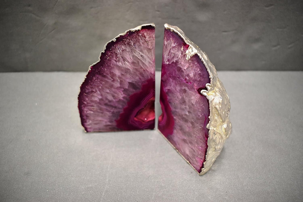 Agate Geode Bookends Silver Electroplated Small Bookends for Shelves, Non-Skid Bookend, Book Stopper for