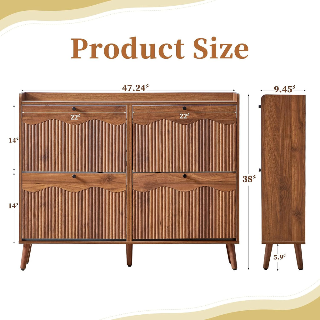 47.2" Shoe Storage Cabinet with 4 Flip Drawers, Narrow Shoe Organizer with Wave&Fluted Panel, Freestanding Wood