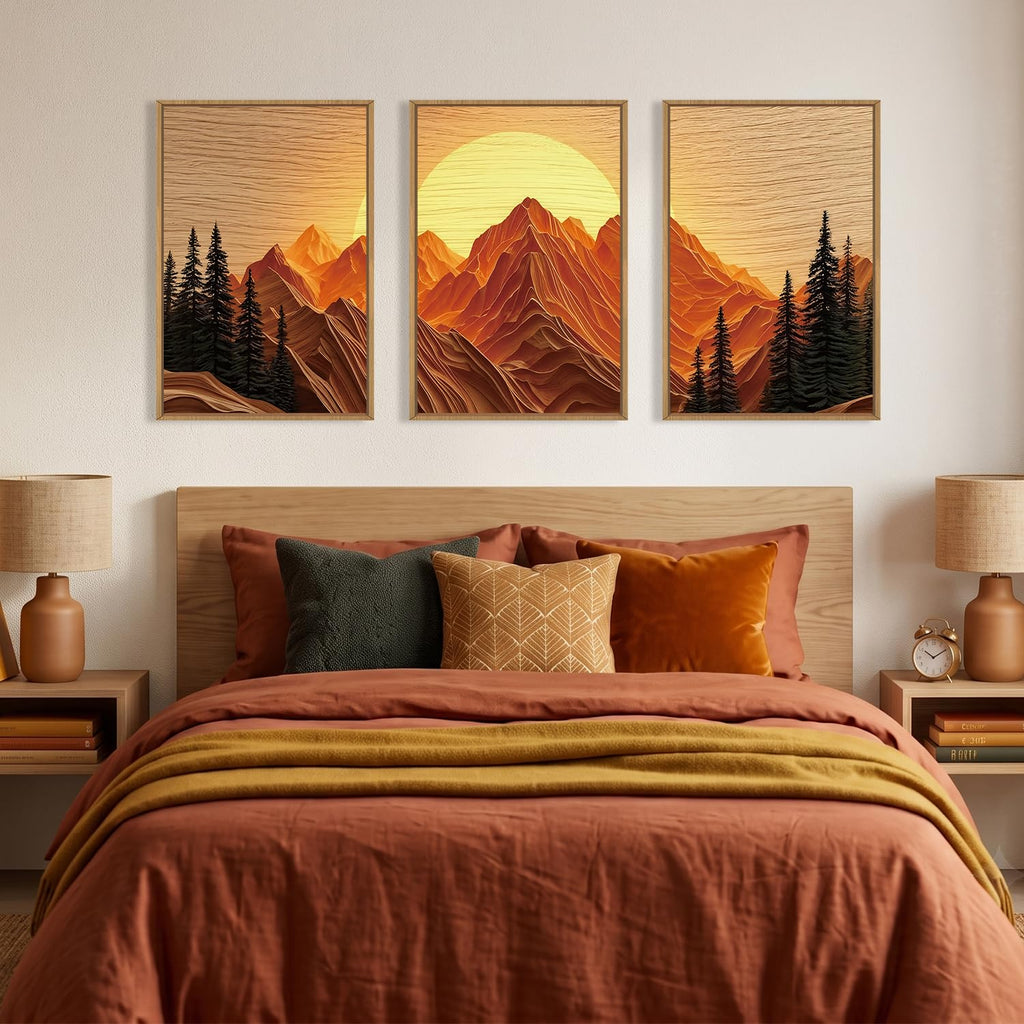 Large Boho Golden Mountain Framed Canvas Wall Art Set-16"x24"x3