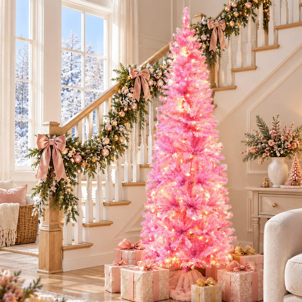 6Ft Prelit Artificial Slim Pink Christmas Tree, 240 LED Warm Lights
