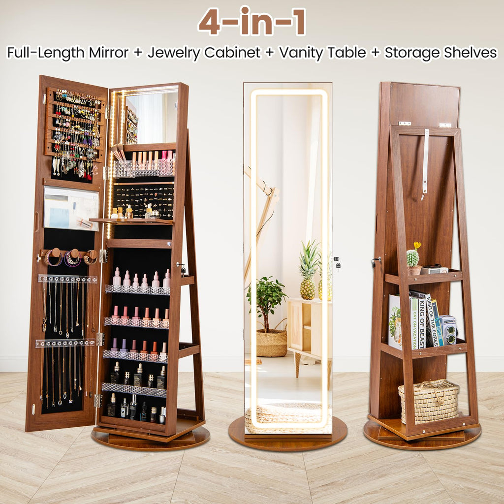 360° Swivel Jewelry Cabinet, Jewelry Armoire Organizer (Walnut)
