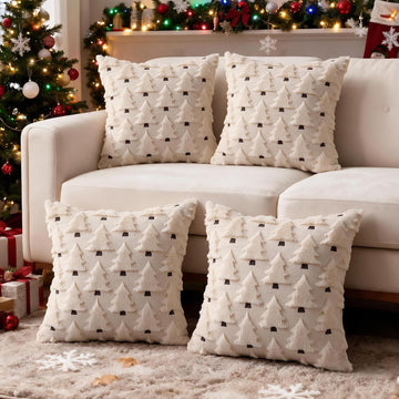 Christmas Throw Pillow Covers 18x18 inch, Beige Xmas Tree Holiday Winter Living Room Soft Fluffy Plush Faux - Set of 4