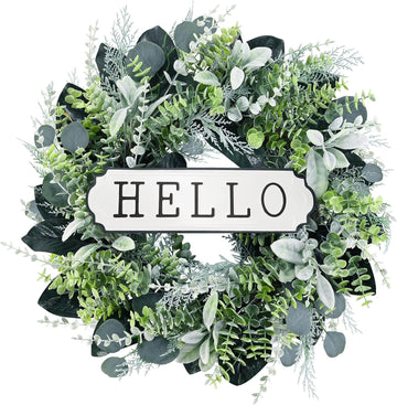 24'' Hello Door Wreath 24inch Boxwood Wreath Farmhouse Eucalyptus Flocked Lambs Ear Wreaths for Front Door Hanging