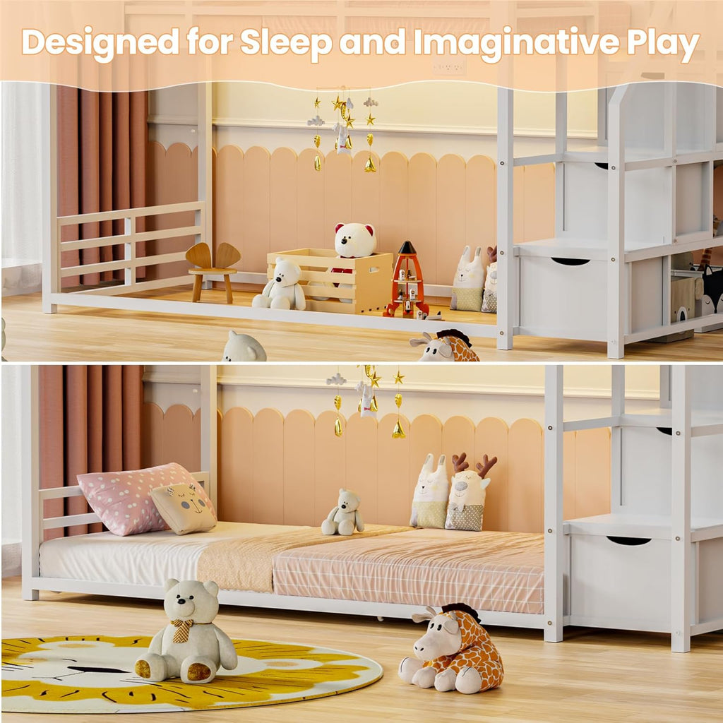 Low Bunk Bed Twin Over Twin with Storage Staircase, RGB LED Lights, Drawers & Shelves