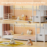 Low Bunk Bed Twin Over Twin with Storage Staircase, RGB LED Lights, Drawers & Shelves