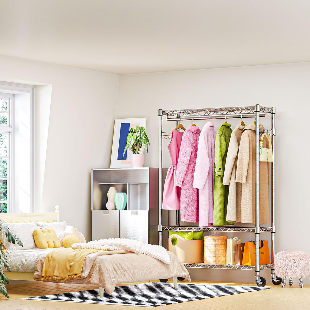 Heavy Duty Rolling Garment Rack 3 Tiers Adjustable Wire Shelving Clothes Rack with 1 Rods and Side Hooks,Storage