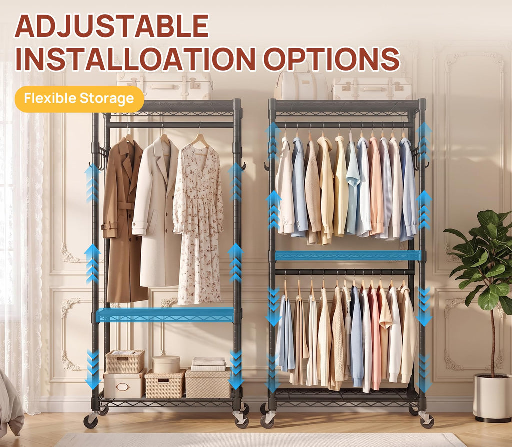 Double Rods Clothes Rack, Heavy Duty Clothing Rack on Wheels, Black
