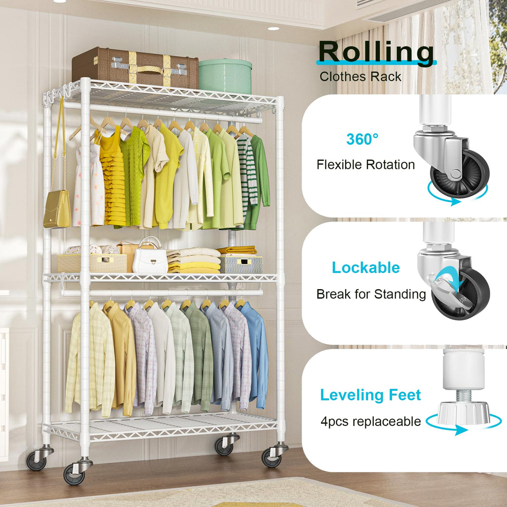 P3 Rolling Clothes Rack, Clothing Racks for Hanging Clothes, White