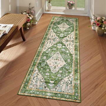 Felice Boho Runner Rugs 2x5 Green Kitchen Runner Rugs Non Skid Washable, Tribal Vintage Soft Machine Washable