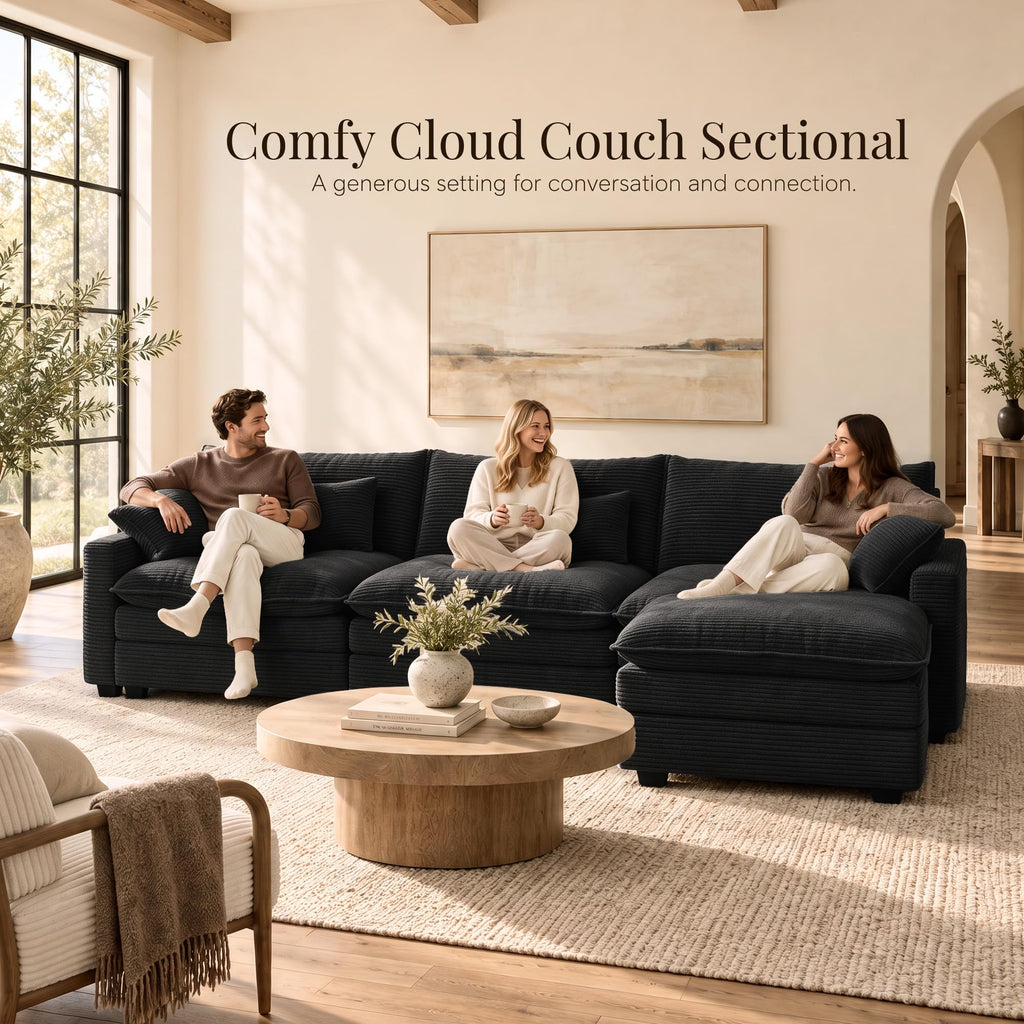 108 Inch Cloud Couch Sectional, Modular Sectional Sofa with Ottoman, Black