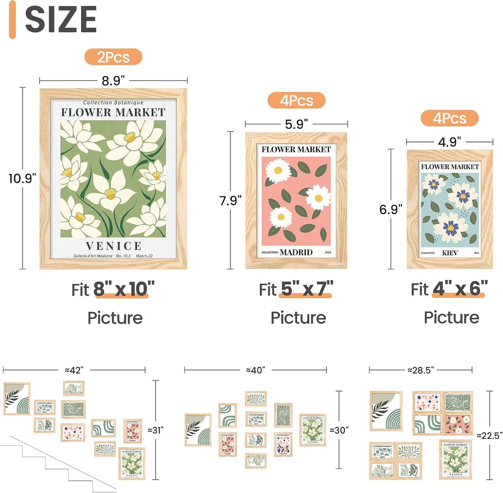 Picture Frames Set of 10, Including 8x10, 5x7, 4x6 Natural Frame | Multi Picture Frames Collage Wall Decor, Gallery