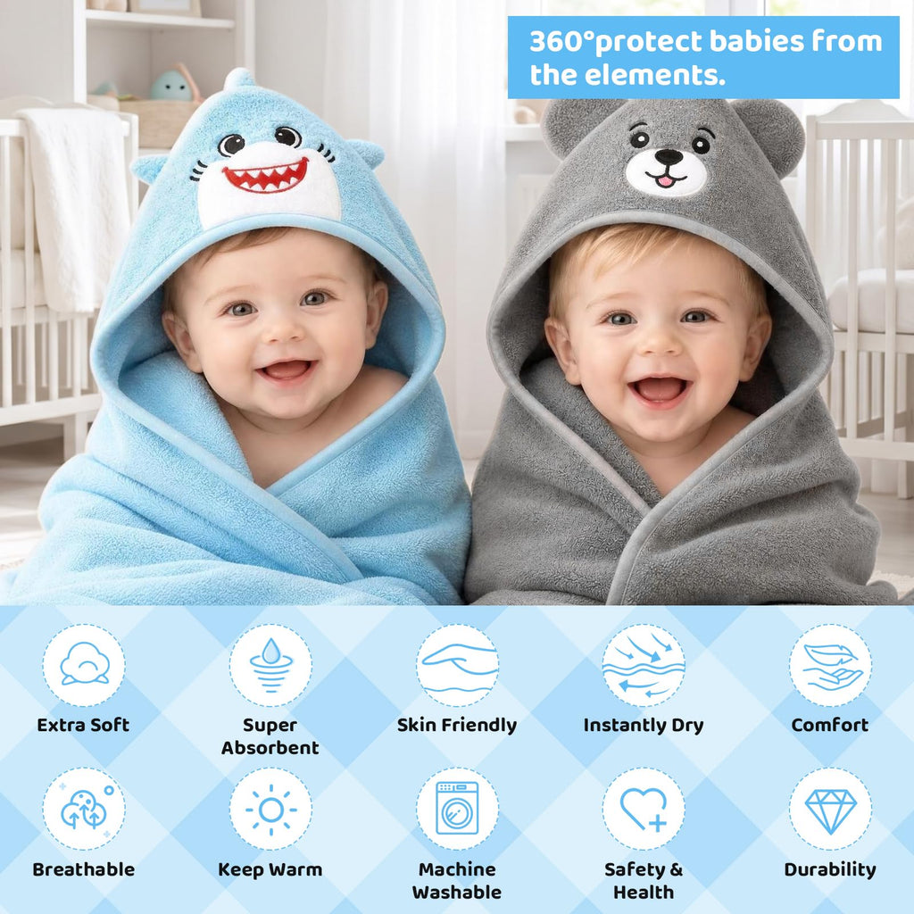 6 PCS Baby Bath Towels Set for Newborn Essentials (Shark, Bear)
