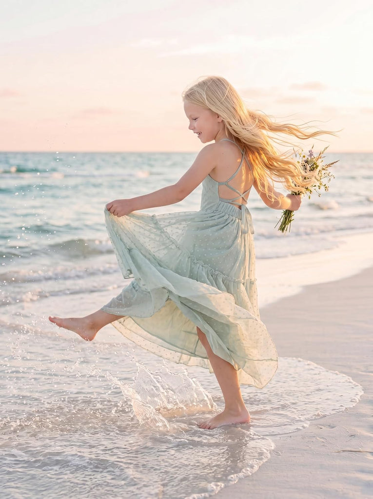 Boho Flower Girl Dresses Swiss Dot Chiffon Girls Backless Dress Beach Wedding Flowy Summer Maxi Gown