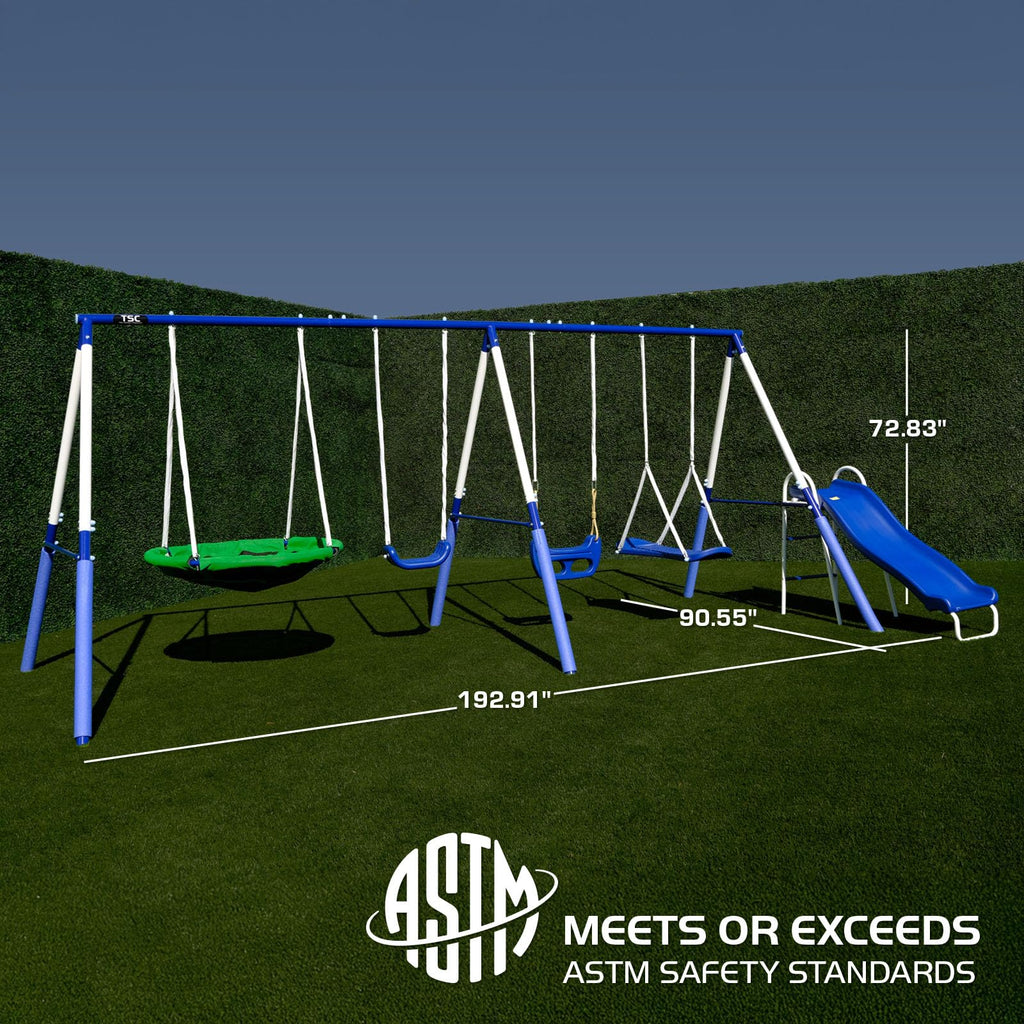TSC Malibu Swing Set for Kids, Outdoor Metal Playset with 5ft Slide, 38" Saucer, Surfboard Swing, Standing &