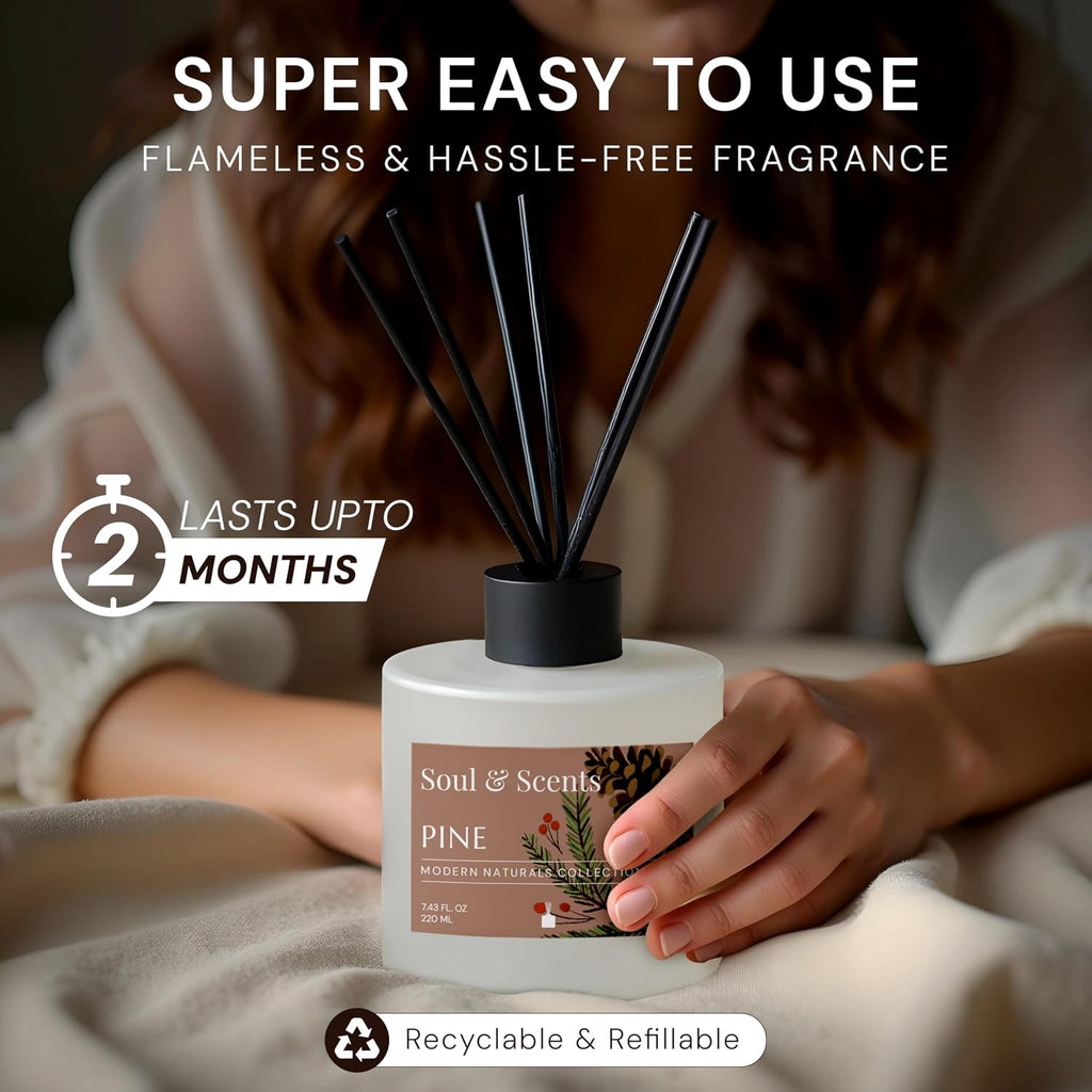 Reed Diffuser Set - Pine | 7.43 oz Refillable Scented Oil with 6 Fiber Sticks | Long-Lasting Home Fragrance & Air