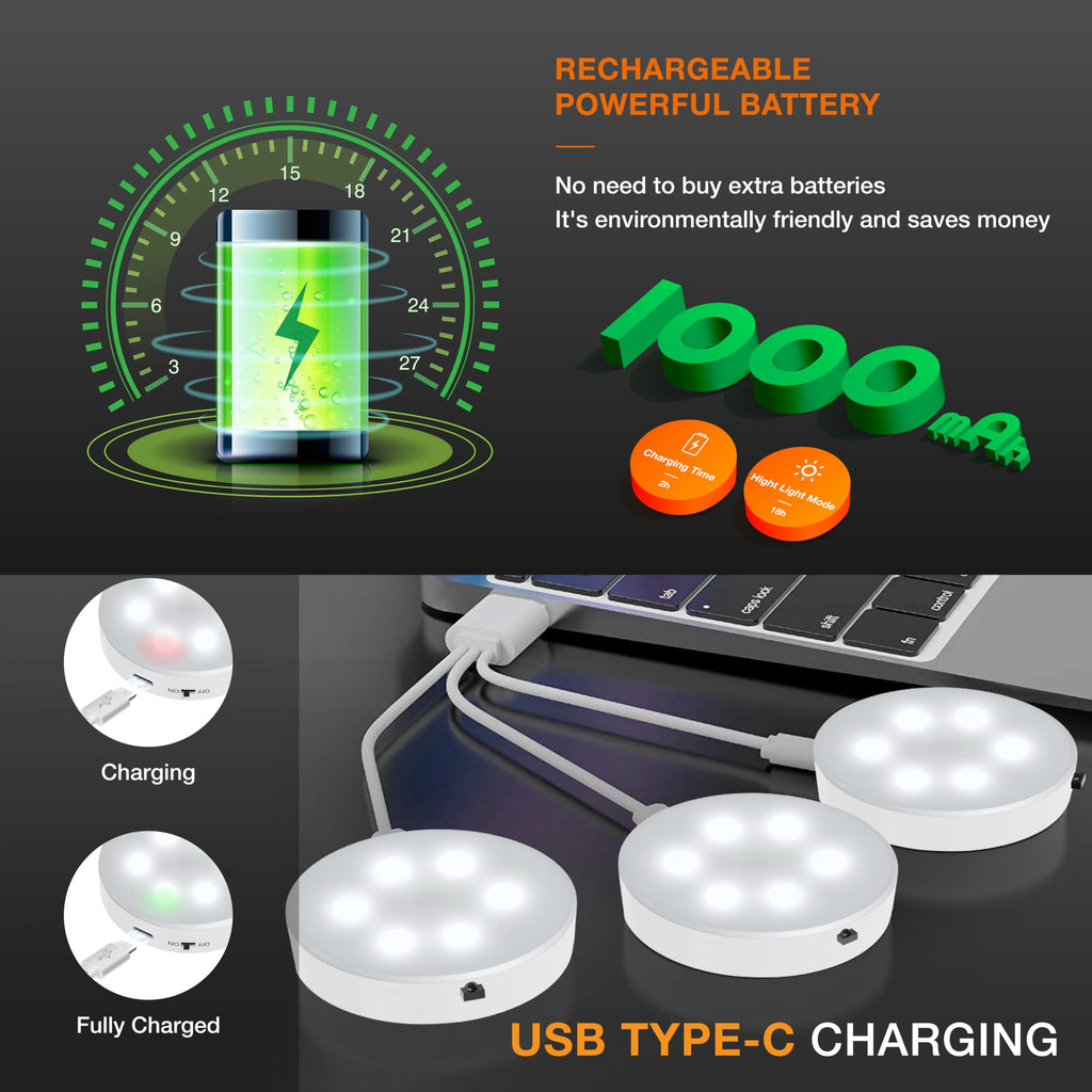 Puck Lights with Remote Control,1000mAh Rechargeable Under Cabinet Lighting,LED Closet Lights,3Pack Night