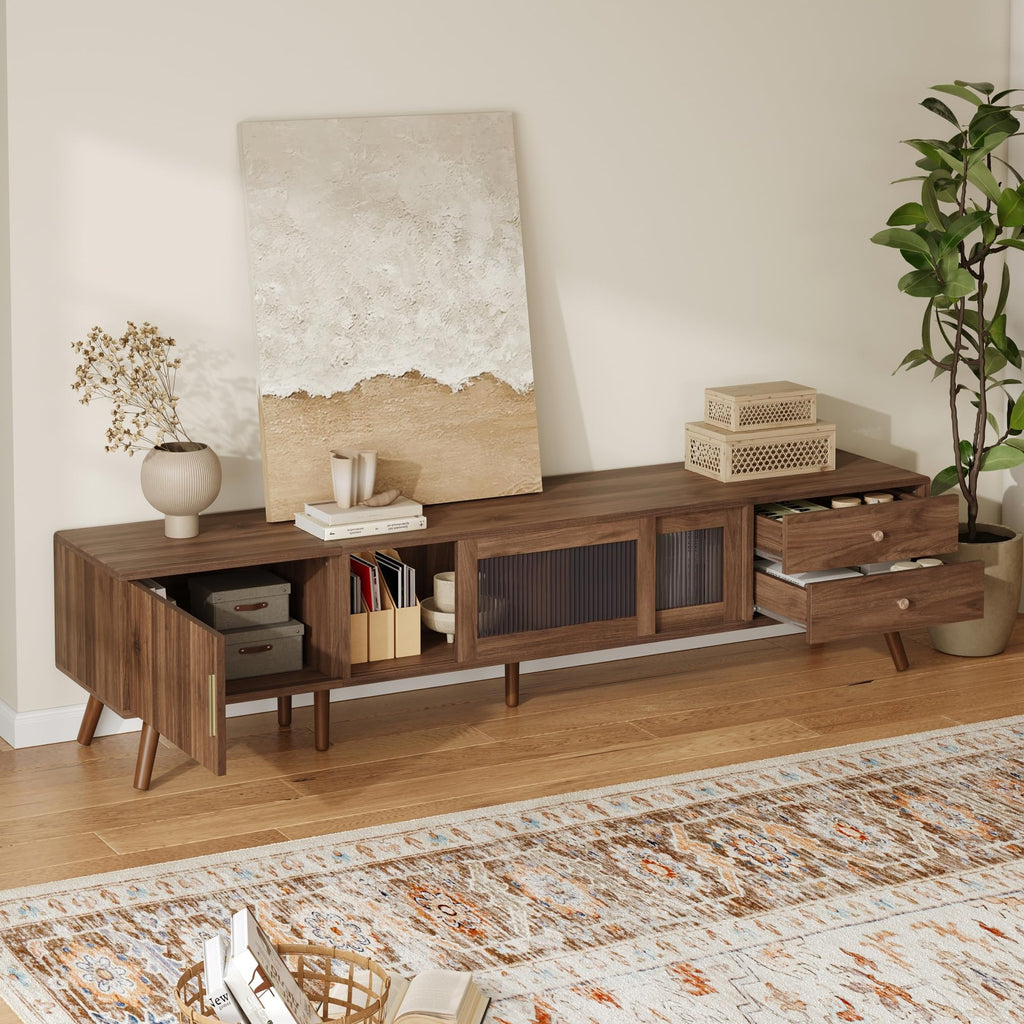 Mid-Century Modern TV Stand for 85 inches TV, 76" Media Console with Fluted Cabinet Door, Sliding Glass Doors, and 2