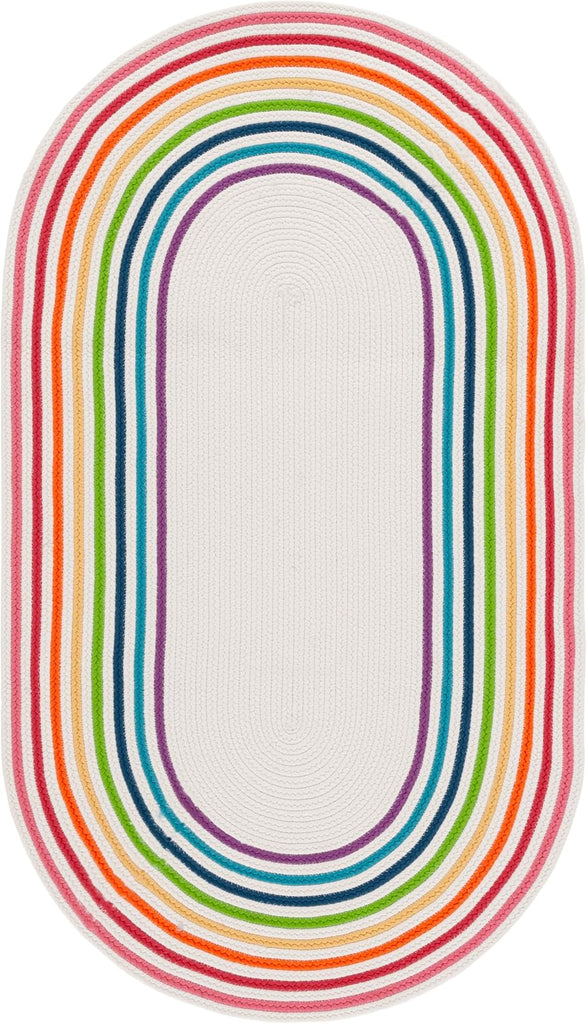 Braided Indoor/Outdoor Oval Rug, Ivory & Rainbow BRD326A