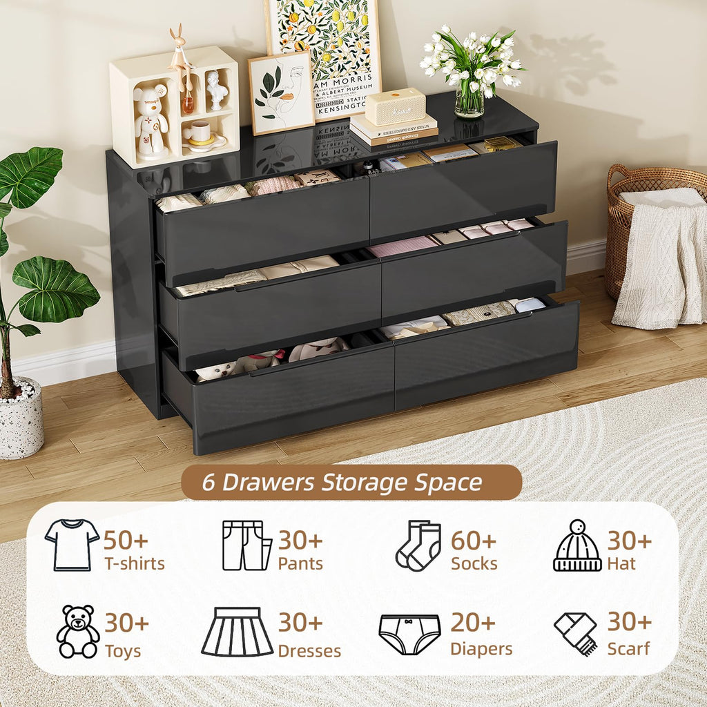 High Gloss Dresser, 47.2" Wide 6 Drawer Dresser, Black