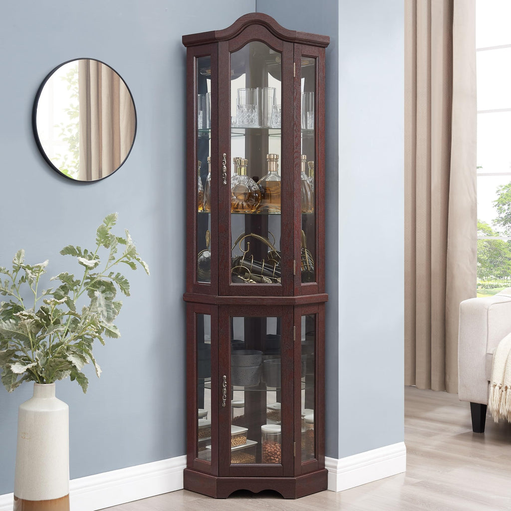 70" Lighted Corner Curio Cabinet with Tempered Glass Door