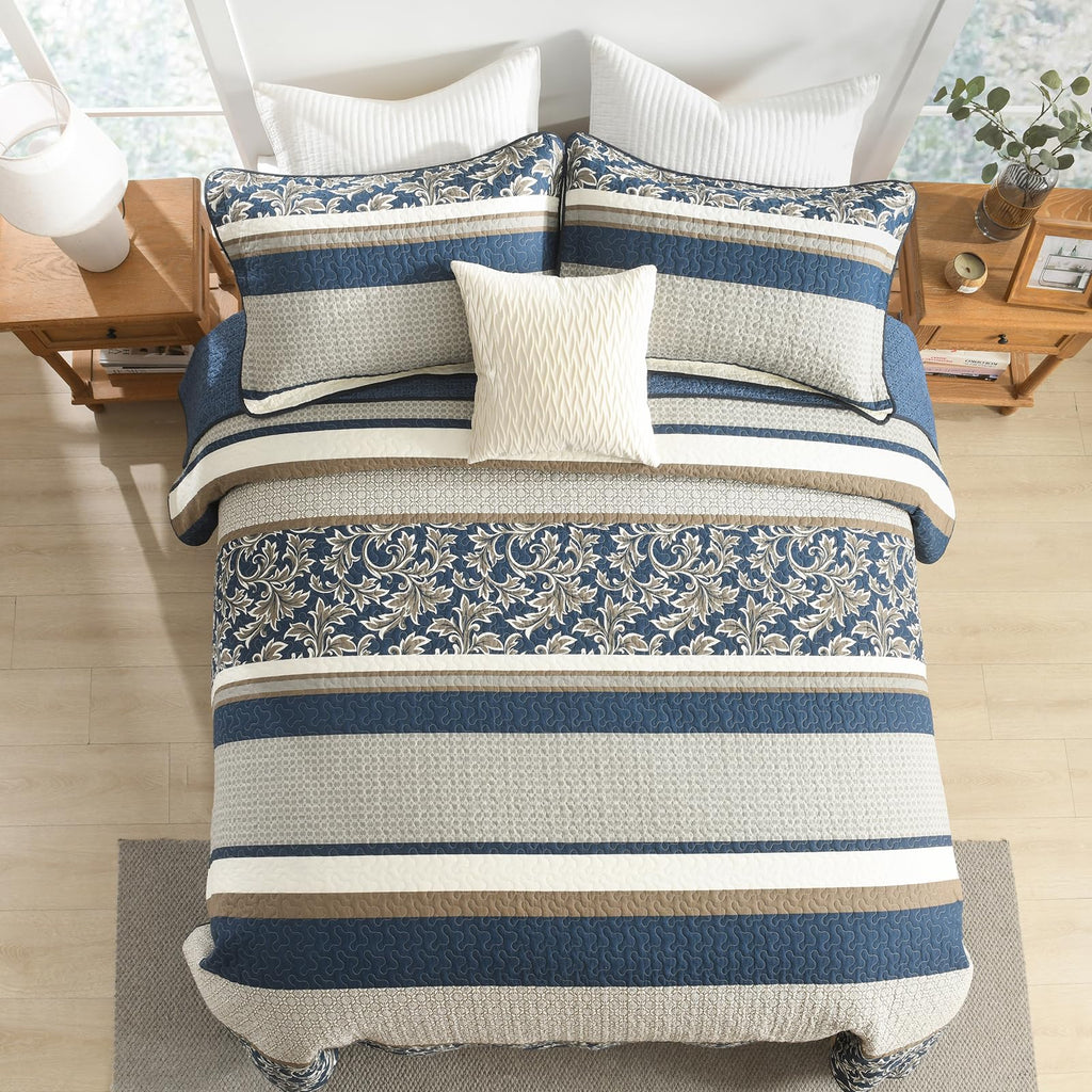 100% Cotton Quilt Set - Striped Quilted Comforter, Patchwork Botanical Quilt Bedspread, Modern