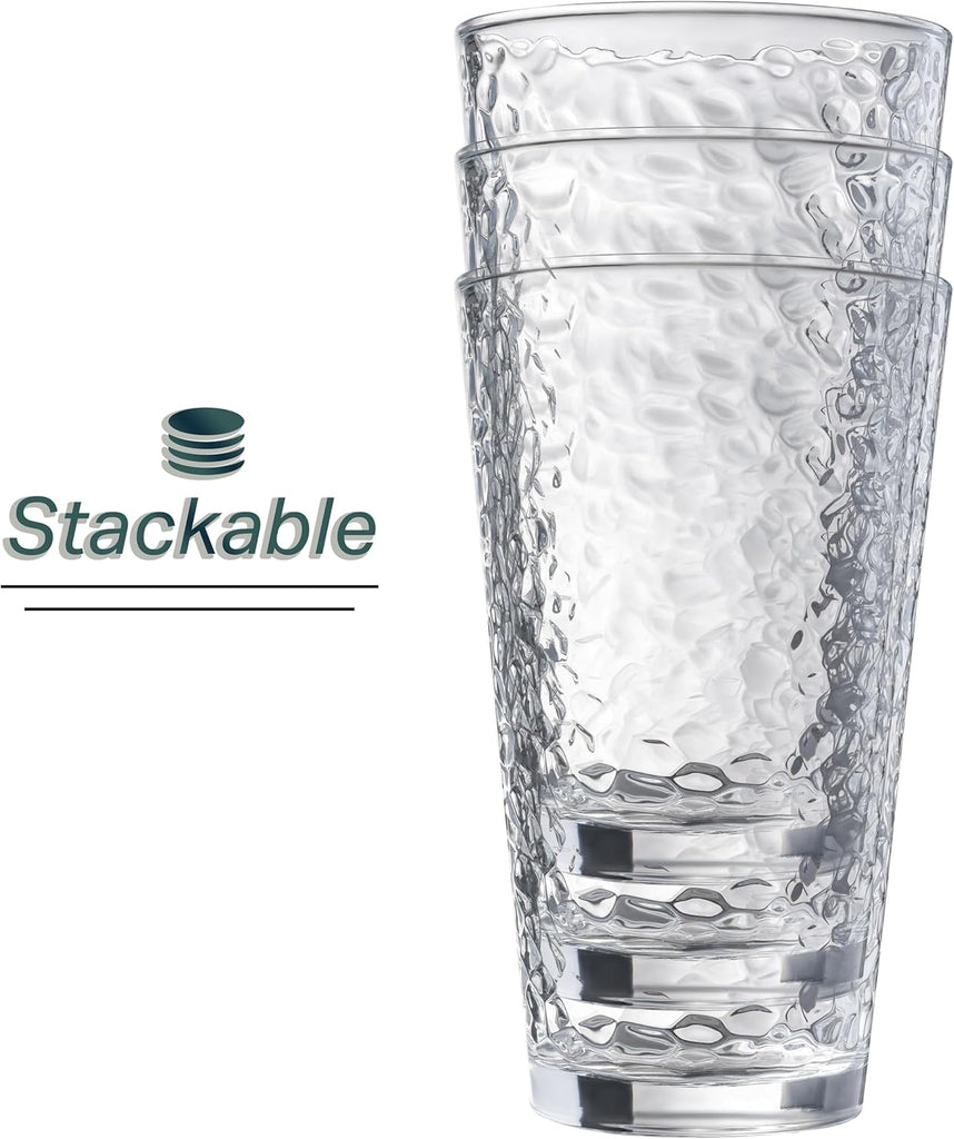 Set of 10 Hammered Glass Cups, Clear Heavy Base Drinking Glasses | 16oz, Stackable, Durable, Dishwasher Safe, Freezer