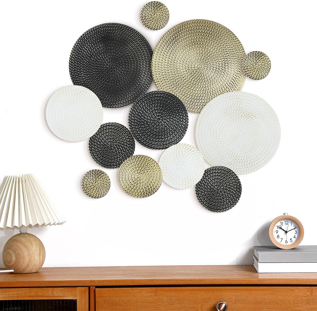 Black Gold and White Metal Wall Decor 3.9 to 13.8 Inch Large Modern Round Metal Wall Art 3D Circles Textured - Set of 12