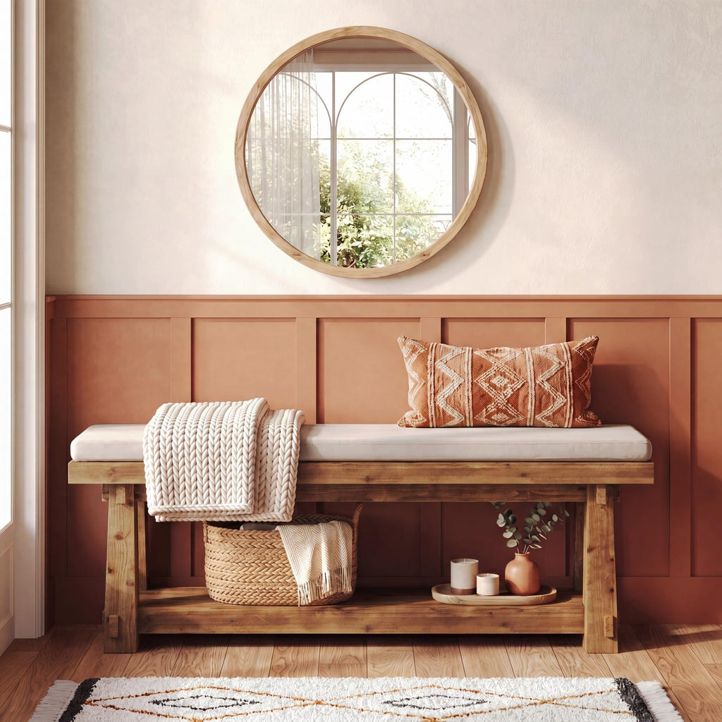 55'' Solid Wood Entryway Bench with Shoe Storage, Rustic Brown