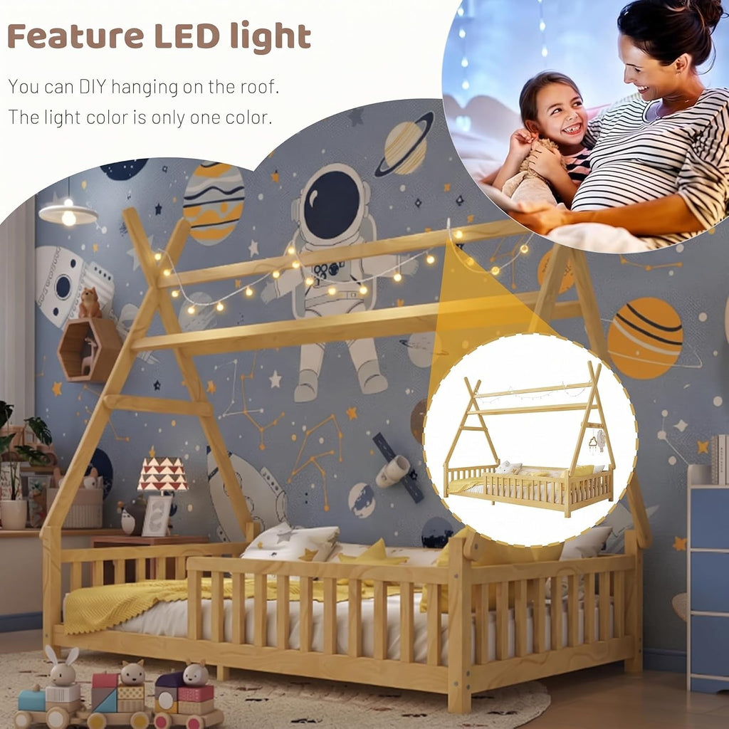 Full Tent-Shaped Bed for Kids with LED Light, Teepee Floor Bed with Guardrails, Wooden Montessori Bed Frame