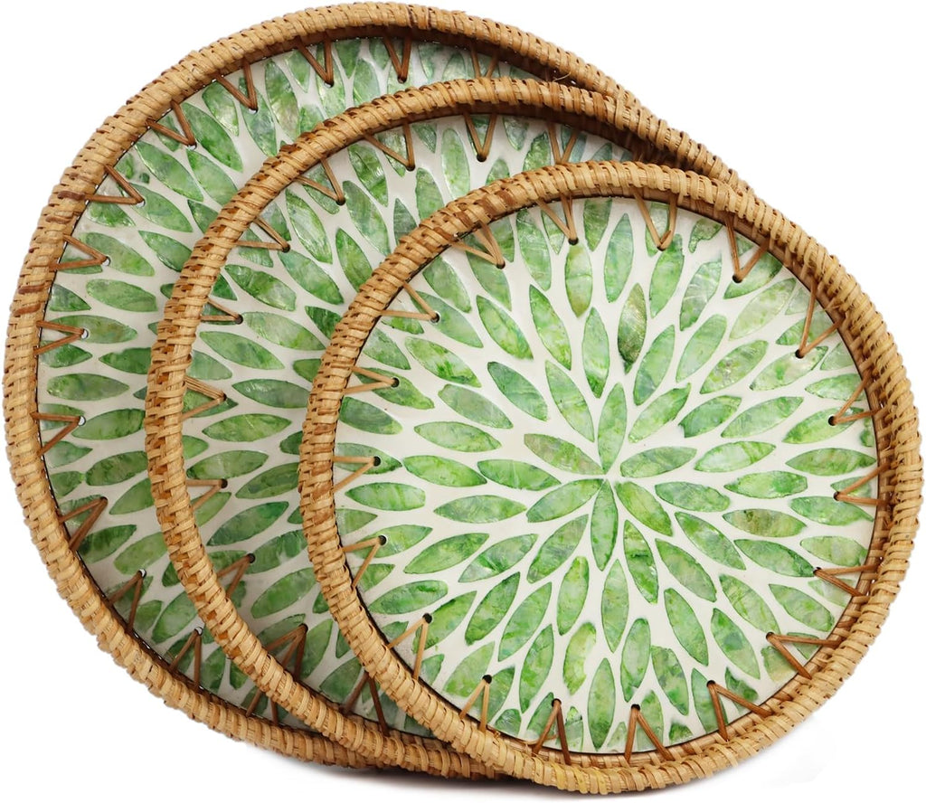 Set of 3 Rattan Tray with Mother of Pearl Inlay, Round Serving Trays for Coffee Table, Decorative Wicker Woven