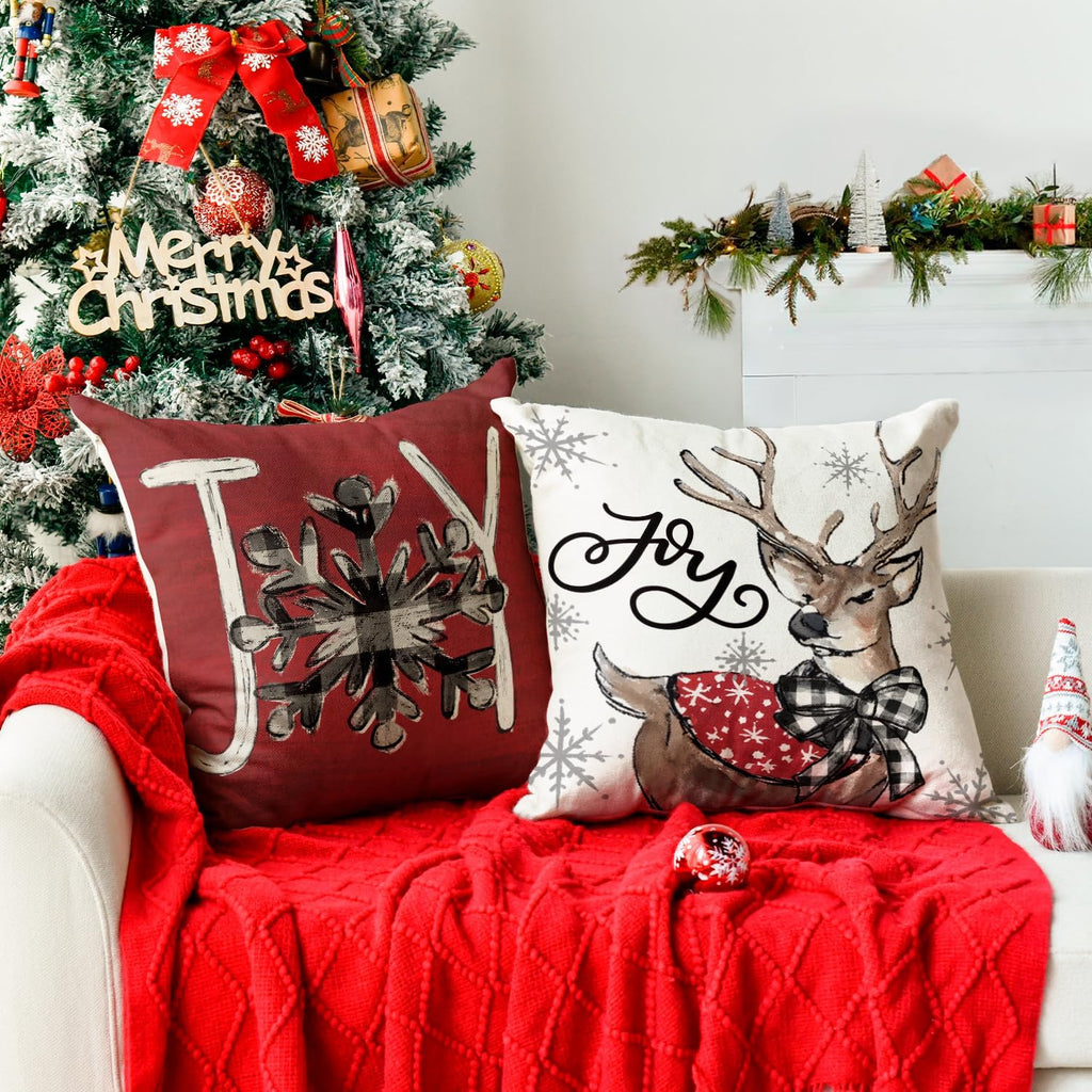 Joy Christmas Let It Snow Snowman Reindeer Throw Pillow Covers, 18 x 18 Inch Xmas Snowflake Winter Holiday Cushion - Set of 4