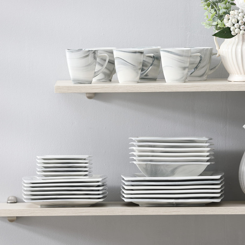 Dinnerware Sets, 30 Piece Porcelain Plates and Bowls Sets for 6, Square Dish Set with Dinner Plates Set, Cup and