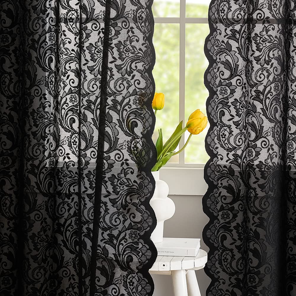 Black Lace Curtains, Gothic Style, 52W x 63L Inch