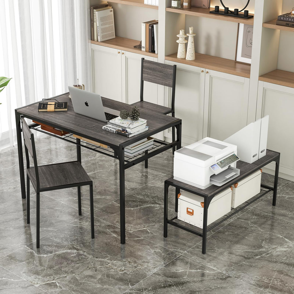Dining Table Set for 4, Kitchen Table with Chairs & Bench, Storage Racks, Metal Frame, 4-Piece Space-Saving Dinette