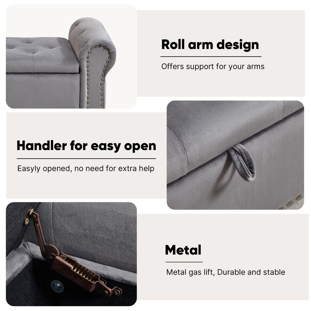 51" Storage Bench, Velvet End of Bed Bench, Queen Size Bench with Rolled Arms, Tufted Storage Ottoman Benches