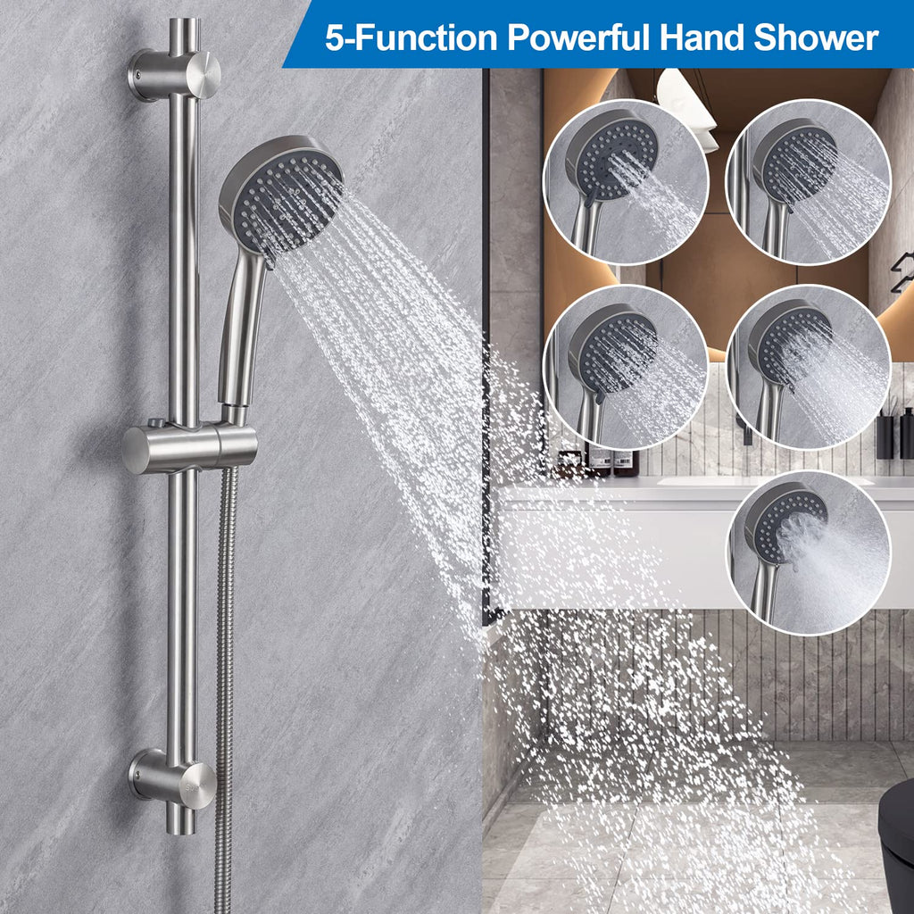 Shower Slide Bar with Handheld Shower Head Combo 5-Function Hand Shower Wall Mount Slide Bar Kit with Adjustable