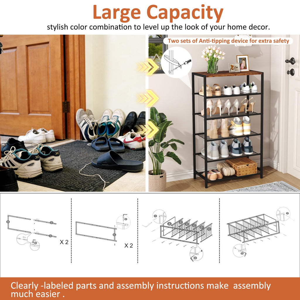 Shoe Rack 6-Tier, Shoe Storage Shelf, Industrial Shoe Tower, Narrow Shoe Organizer for Closet Entryway, Small Shoe