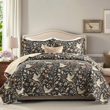 100% Cotton Quilt Set - Floral Quilted Comforter, Reversible Botanical Bird Pattern Farmhouse Quilt