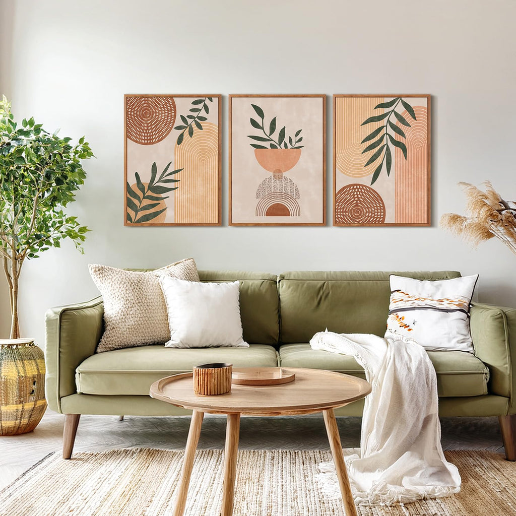 Framed Boho Wall Art Set of 3, 16"x24" Mid Century Modern Wall Decor, Bohemian Sun Geometric Painting, Large Abstract
