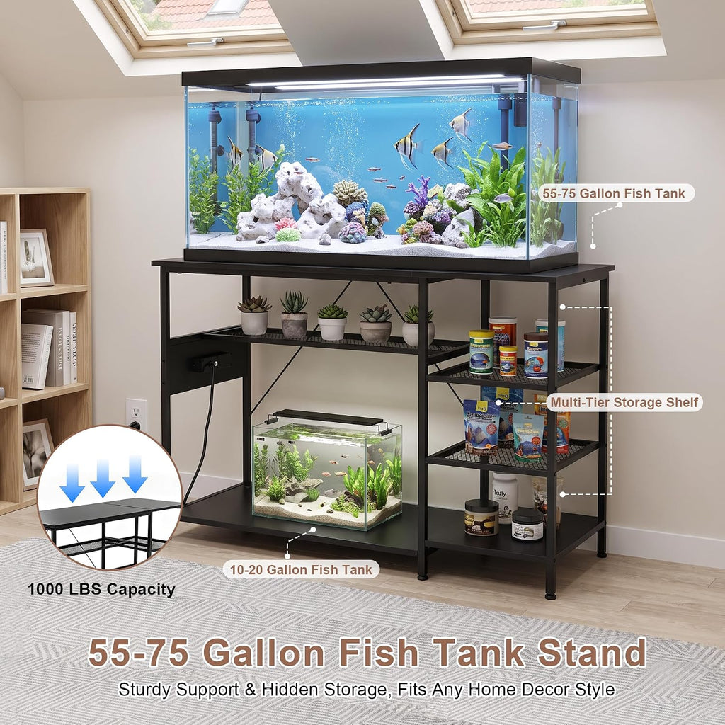 55-75 Gallon Fish Tank Stand with Power Outlets, Metal Aquarium Stand