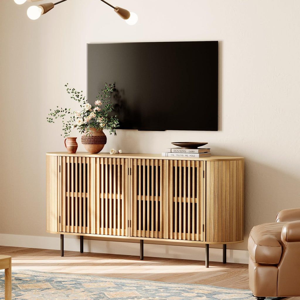 Large Sideboard Buffet Cabinet with Storage, 65" Mid Century Modern Credenza Storage Cabinet with 4 Fluted Doors