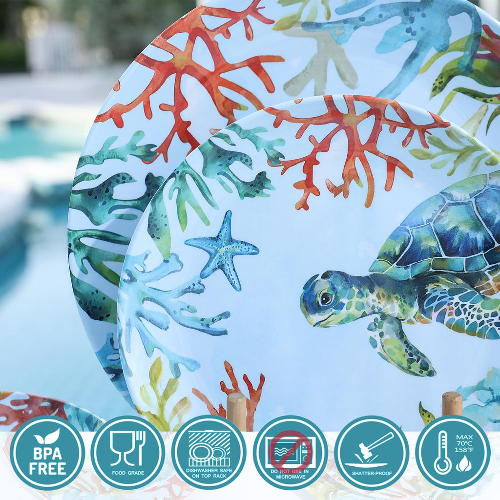 12-Piece Turtle Melamine Dinnerware Set, Ocean Plate and Bowl Sets