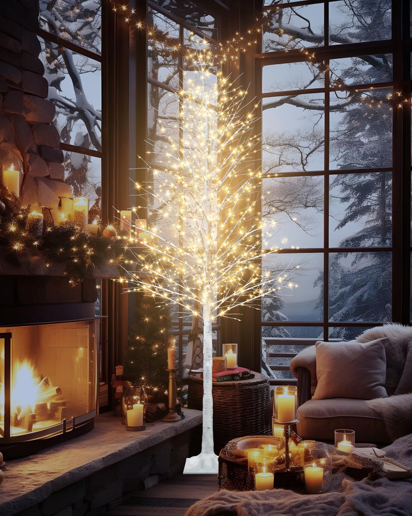 7FT Lighted Birch Twig Tree with 1200 LED Warm White Lights 8 Modes & Timer Artificial Twig Christmas Tree for Indoor