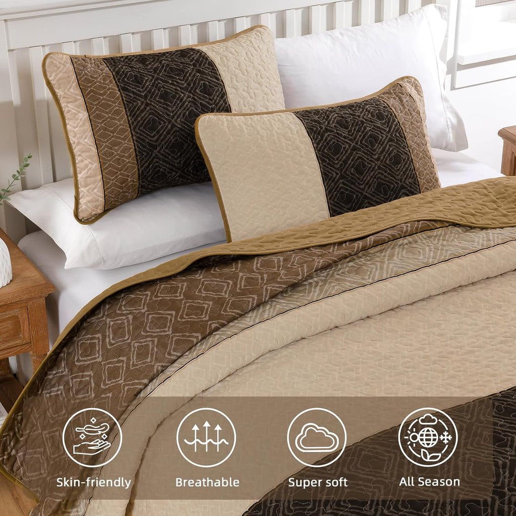 Boho Queen Quilt Set,Striped Plaid Bedspread Coverlet Set,Light Brown Bedding Set Soft Microfiber Bedding Set with 2