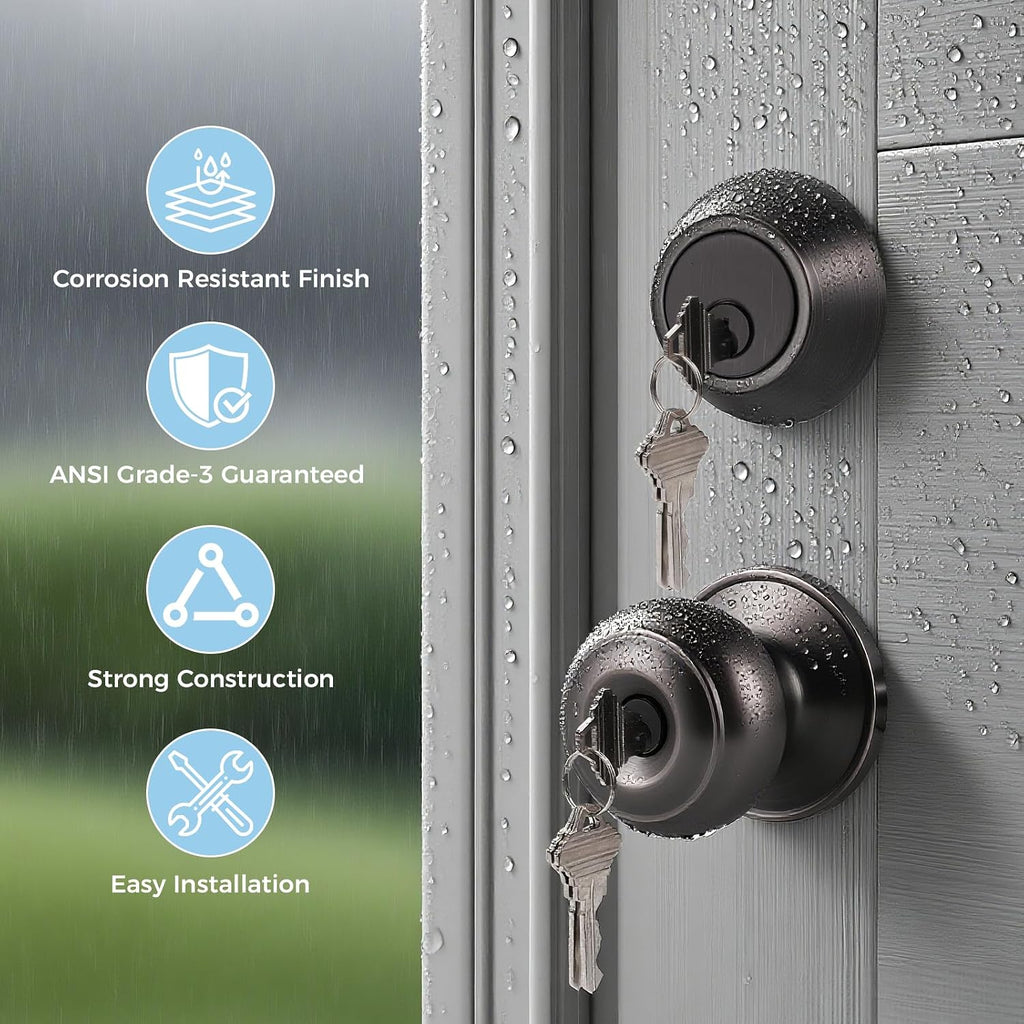 Keyed Entry Door Knob and Single Cylinder Deadbolt Combo Set, Exterior Door Knobs for Entrance and Front Door, Keyed