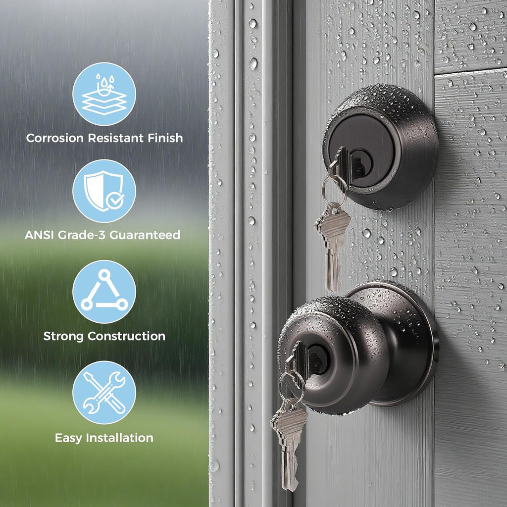Keyed Entry Door Knob and Single Cylinder Deadbolt Combo Set, Exterior Door Knobs for Entrance and Front Door, Keyed