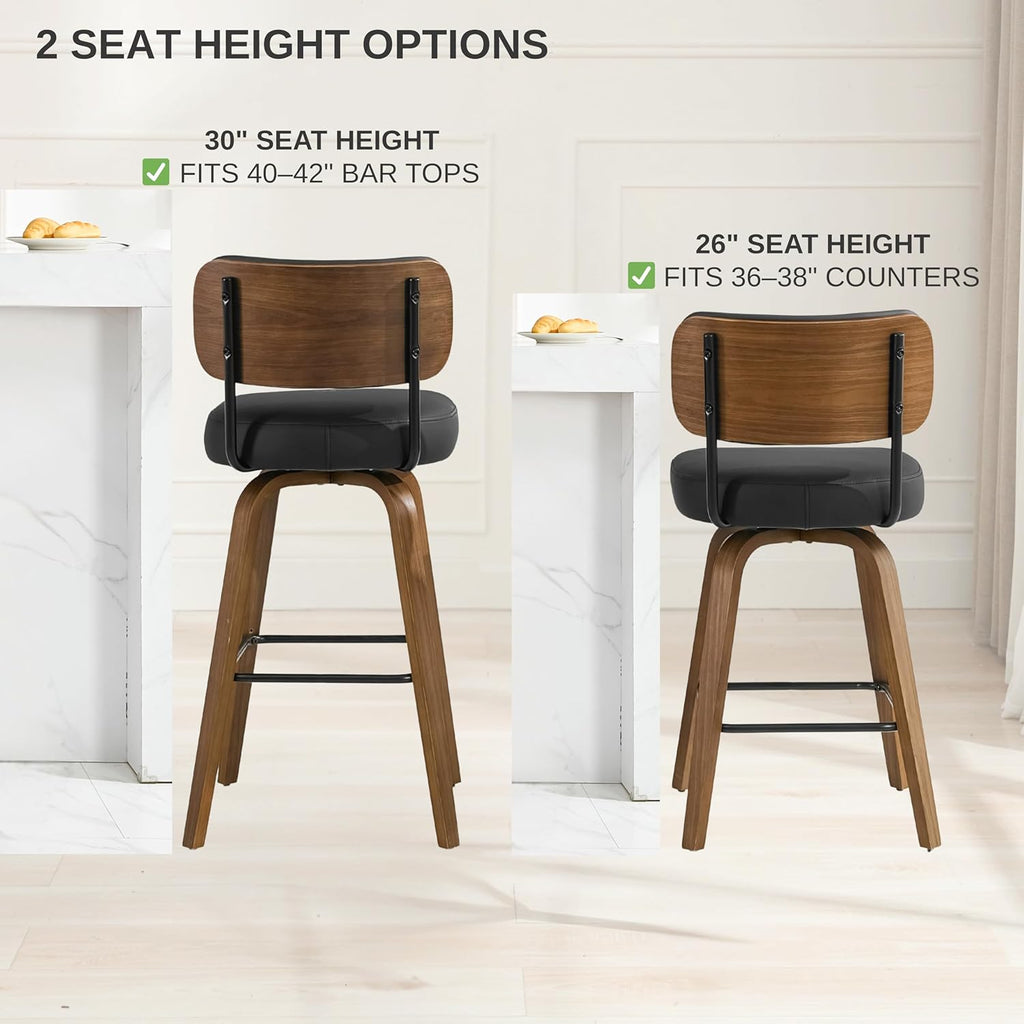Swivel Bar Stools Set of 3, 26" Upholstered Counter Height Bar Stools with Back and Walnut Wood Legs, Faux Leather