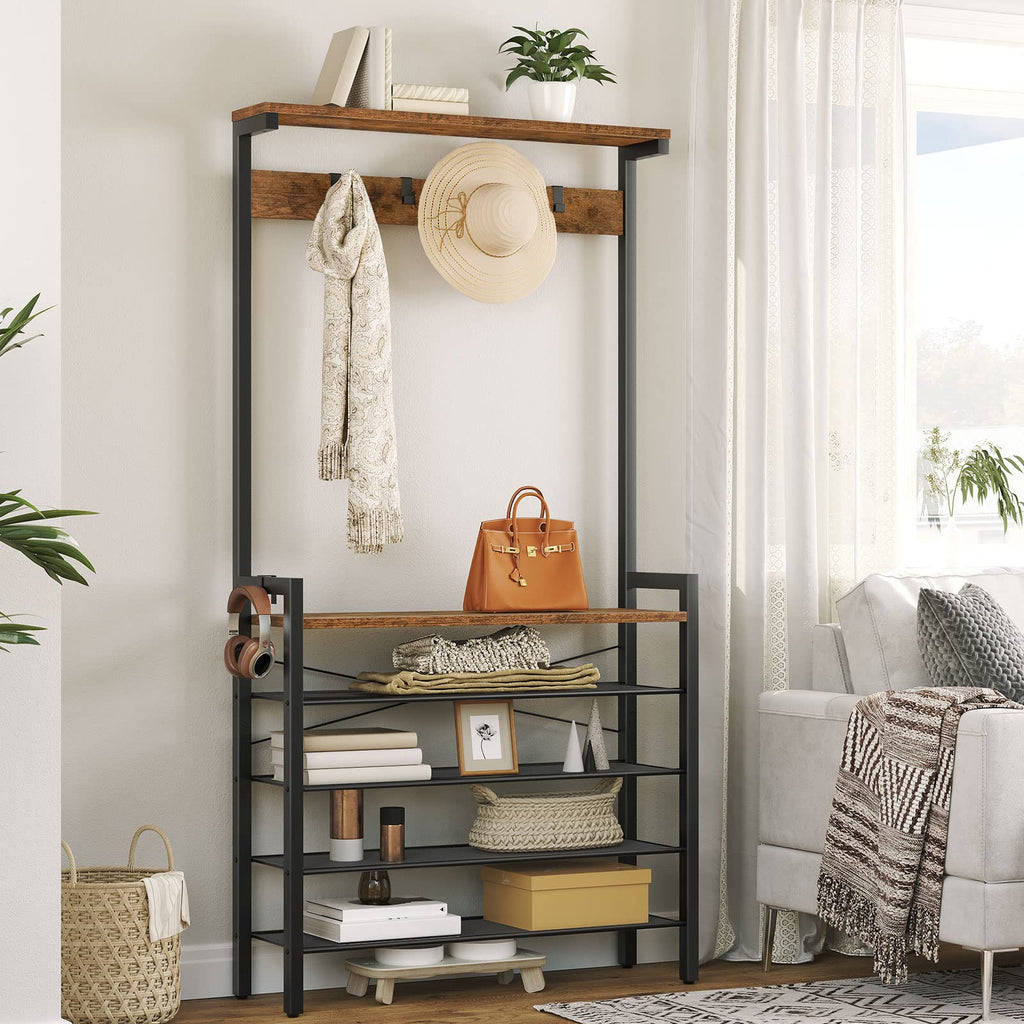 Hall Tree with Bench, Coat Rack with Shoe Storage, Shoe and Coat Rack, 5-Tier Entryway Shoe Storage, 5 Hooks, for